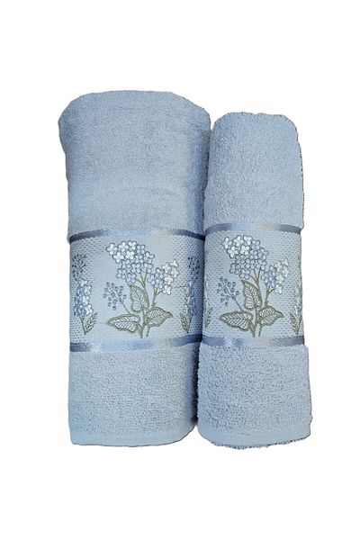 Kotonia Home Set de 2 prosoape de baie jacquard cu broderie, 100% bumbac, 50×90 cm și 70×140 cm, albastru, 003