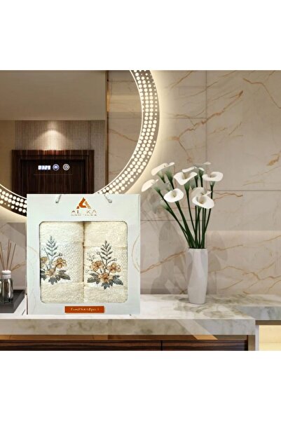 Kotonia Home Set of 2 jacquard bath towels with embroidery, 100% cotton, 50×90 cm and 70×140 cm, ivory, 002