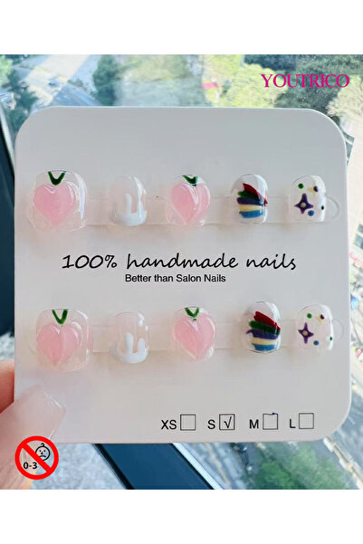 Youtrico أظافر أطفال لاصقة مصنوعة يدويًا بنسبة 100%، لون أخضر كرتوني، آمنة لل...