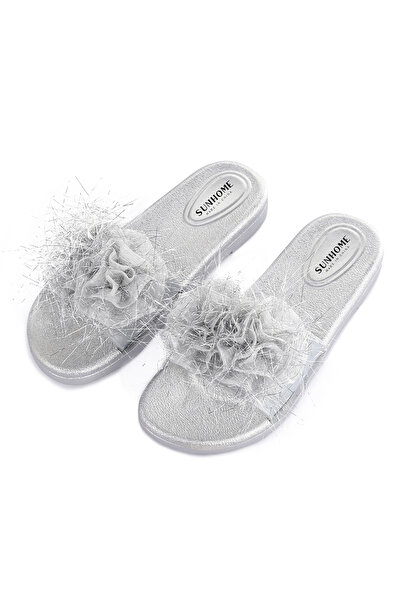 ETG صندل مسطح مزين بالزهور باللون الفضي