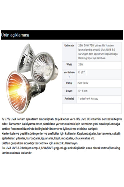 KORHAN TEKNİK Uva Uvb Lamba Sürüngen Lambası 25w 10 ADET