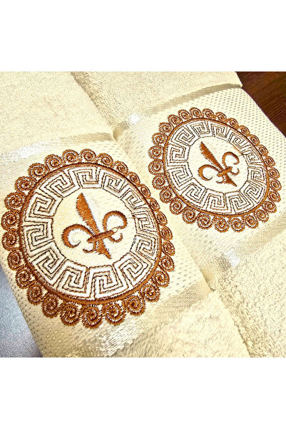 Kotonia Home Set of 2 jacquard bath towels with embroidery, 100% cotton, 50×90 cm and 70×140 cm, ivory, 008