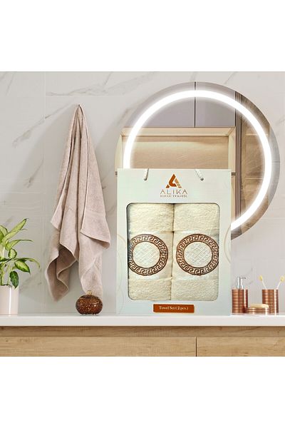 Kotonia Home Set of 2 jacquard bath towels with embroidery, 100% cotton, 50×90 cm and 70×140 cm, ivory, 006