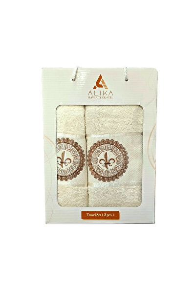 Kotonia Home Set of 2 jacquard bath towels with embroidery, 100% cotton, 50×90 cm and 70×140 cm, ivory, 008