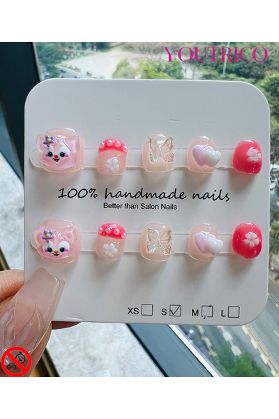 Youtrico أظافر صناعية للأطفال مصنوعة يدويًا بنسبة 100% برأس لينابيل باللون ال...