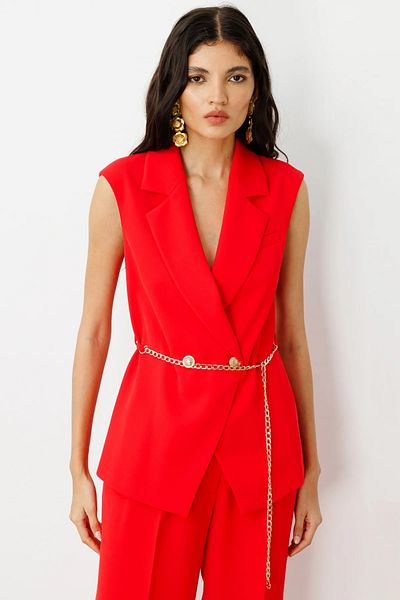 Ekol Double Breasted Collar Waist Chain Belt Vest Red