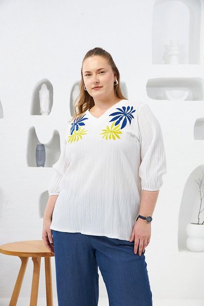Imagine Giyim Women's Crinkle Fabric Embroidery Detailed Plus Size Ecru Blouse – Elegant, Comfortable and Stylish Casual Style