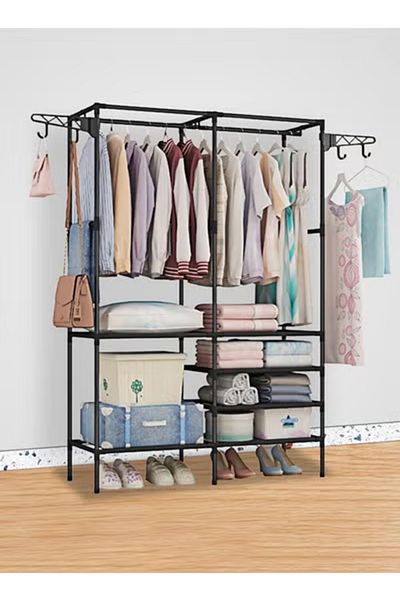 Taimi Metal Clothes Organizer Multi-Functional With Two Sections And Poles For Hanging Clothes Black