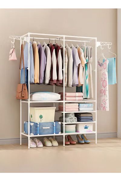 Taimi Metal Clothes Organizer Multi-Functional With Two Sections And Poles For Hanging Clothes White