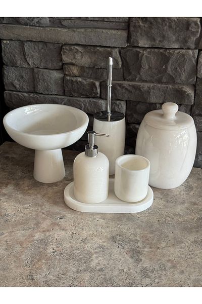 Polen Stone Oval Model 6 Piece White Marble Bathroom Set