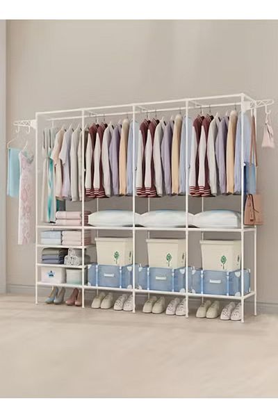 Taimi Metal Clothes Organizer, Multi Functional With Four Sections And Poles For Hanging Clothes White
