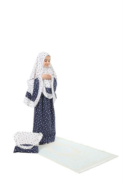 Liyavera Small Size Navy Blue Colored Prayer Dress Set with Prayer Mat and Star Printed Bag