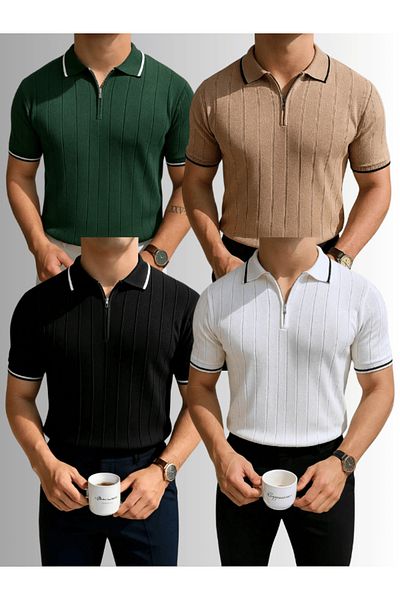 LC Waikiki Advantage Pack of 4 Polo Collar Zippered Short Sleeve Men's Summer Knitwear T-Shirt