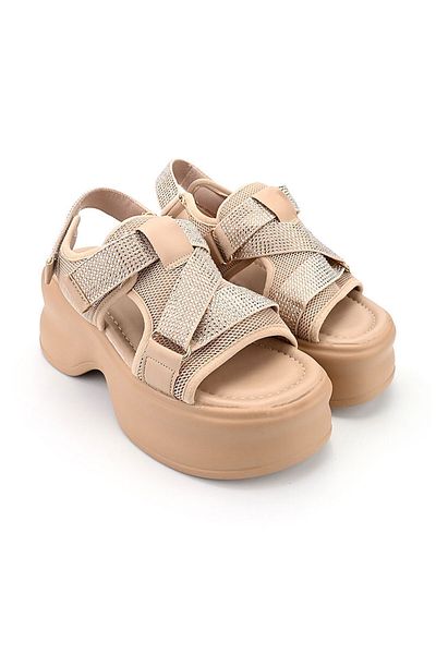 Tmall Sandale de damă, cu platformă, din piele și material textil, Sa78, kaki