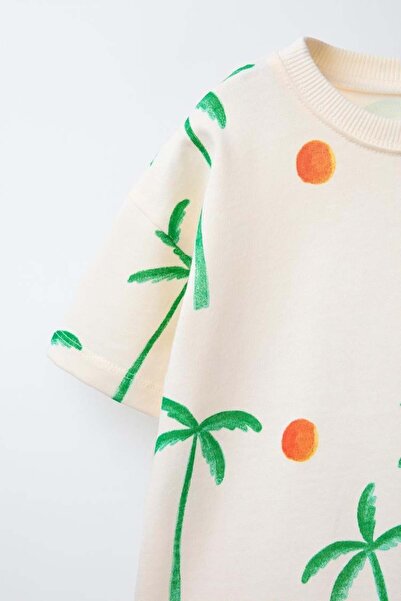 Magu Unisex Kids Cotton Ecru Palm Patterned T-Shirt and Shorts Set