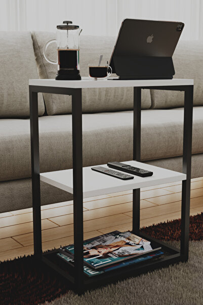 interGO Metal Ayaklı ve Ahşap Raflı Dekoratif Yan Sehpa