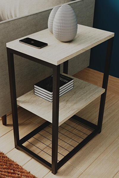 interGO Metal Ayaklı ve Ahşap Raflı Dekoratif Yan Sehpa