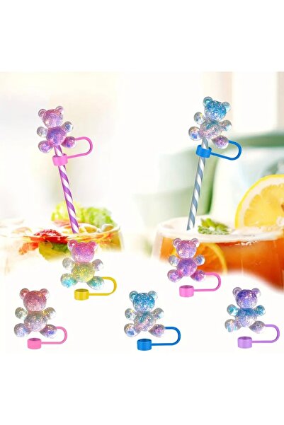 arredamento Termos Uyumlu Reçine Parıltılı Gradyan Ayı Pipet Kapağı Plastik 1 Adet