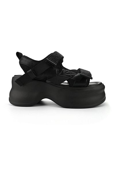 Tmall Sandale de damă, cu platformă, din piele și material textil, Sa79, negre