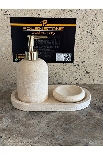 Polen Stone Traverten 3’lü Banyo Seti – Sıvı Sabunluk, Katı Sabunluk ve Oval Tepsi