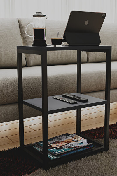 interGO Metal Ayaklı ve Ahşap Raflı Dekoratif Yan Sehpa