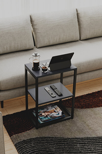 interGO Metal Ayaklı ve Ahşap Raflı Dekoratif Yan Sehpa