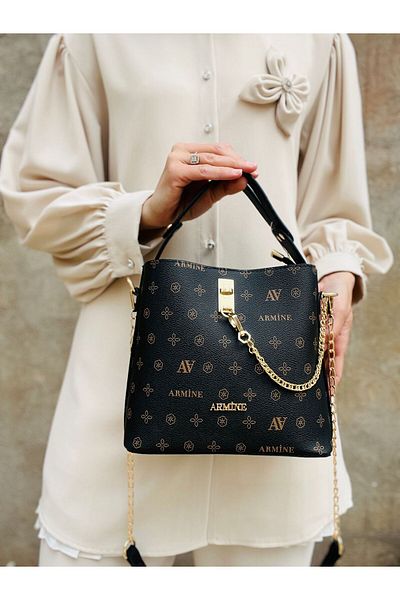 Armine 222 Women's Monogram Faux Leather 4 Compartment Hand and Shoulder Bag with Gold Accessories