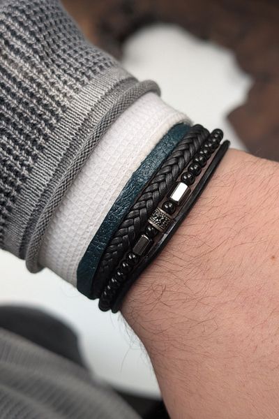 cheetah quality Custom Made Genuine Leather Men's Bracelet with Natural Stone