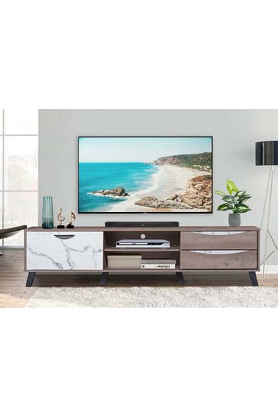 Generic TV Table with 2 Storage Drawers, 2 Shelves, and Cabinet - Malaysian Wood 180 cm - Brown & Marbled Co