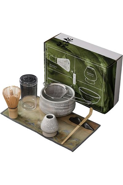 COOYA 7 Pcs Matcha Tea Set, Include Matcha Bowl, Scoop, Stainless Steel Tea Sifter, Whisk Holder, Gray