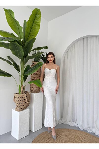 Julidress Λευκό Στράπλες Λαιμόκοψη Μίντι Μακρύ Δαντελένιο Φόρεμα Premium