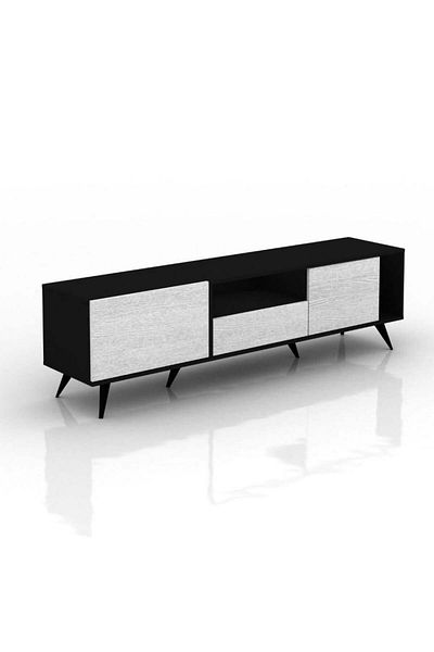Generic Rectangular TV Table with Fixed Base, 179 cm, Shelves and Drawers, Made of Malaysian Wood, Black and