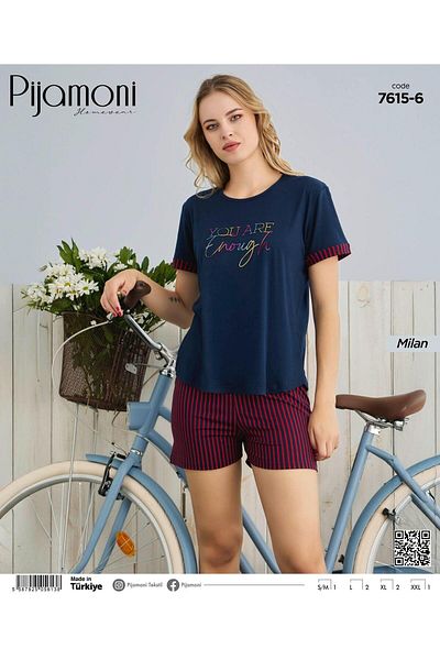 Pijamoni Σετ γυναικείες πιτζάμες με κοντομάνικο σορτς Navy Blue Color Bamboo Milan Fabric