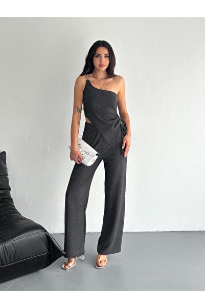 Ekim Store Single Sleeve Gold Accessory Gathered Blouse Trousers Set