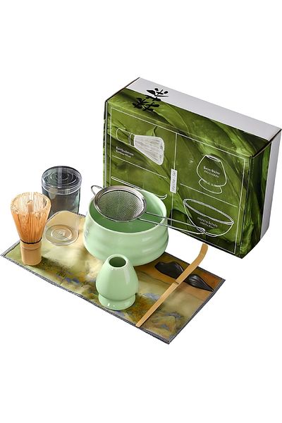 COOYA 7 Pcs Matcha Tea Set, Include Matcha Bowl, Scoop, Stainless Steel Tea Sifter, Whisk Holder, Green