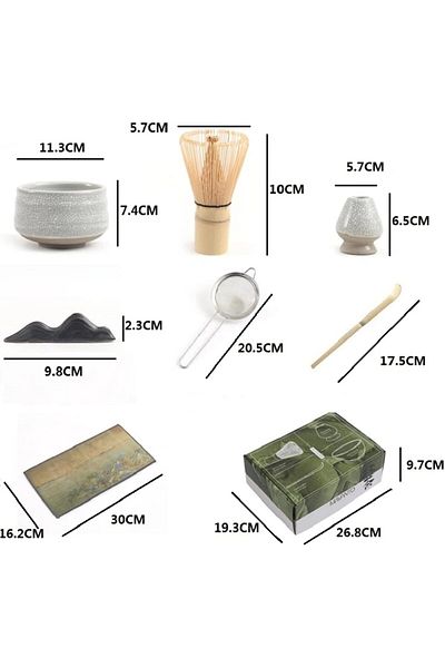 COOYA 7 Pcs Matcha Tea Set, Include Matcha Bowl, Scoop, Stainless Steel Tea Sifter, Whisk Holder, Gray