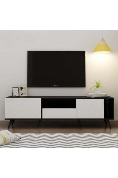 Generic Rectangular TV Table with Fixed Base, 179 cm, Shelves and Drawers, Made of Malaysian Wood, Black and