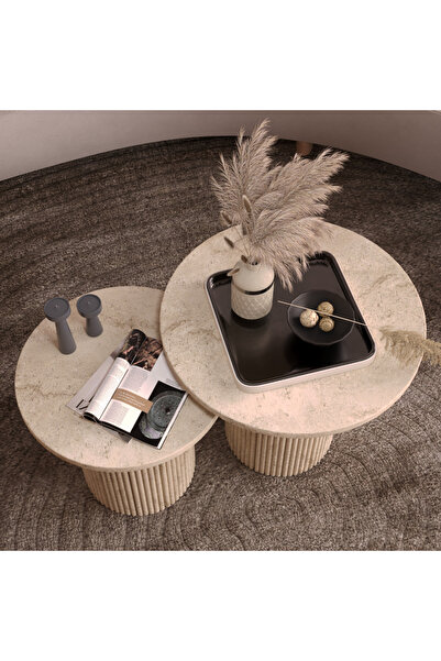 klubeconcept Bohem Modern Silindirik Ayaklı İkili Orta Sehpa Seti 100 % MDF