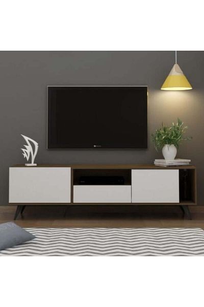 Generic Rectangular Wooden TV Table, Malaysian Made, 179 cm, 2-Tier Storage Drawers - Brown and White