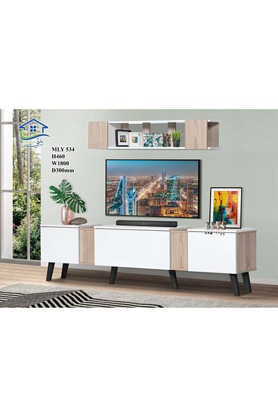 Generic Wooden TV Table with 3 Drawers and Wall Shelves - 180 cm, White and Light Brown
