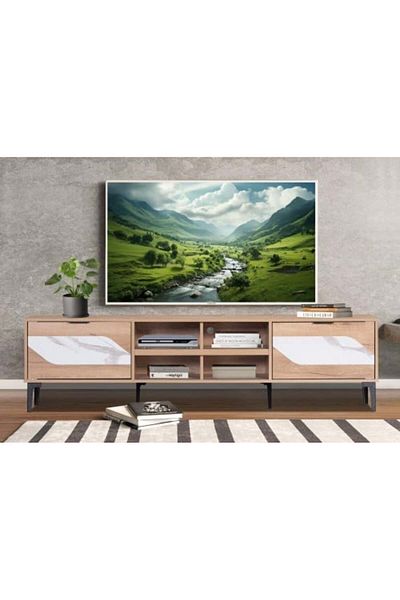 Generic Plasma TV Table with Two Drawers, Malaysian Wood, 180 cm, Shelves, Fixed Base, Wooden Color