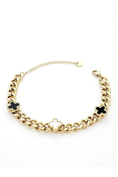 hena Siyah&Beyaz Yonca Gold Retro Zincir Bileklik