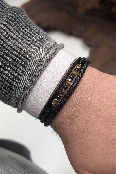 cheetah quality Custom Made Genuine Leather Men's Bracelet with Natural Stone