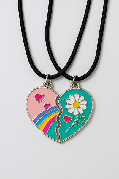 MakeWell Best Friends Tavşanlı Kalpli Gülen Yüzlü Arkadaşlık Kolyeleri Deri İpli 2li Kolye