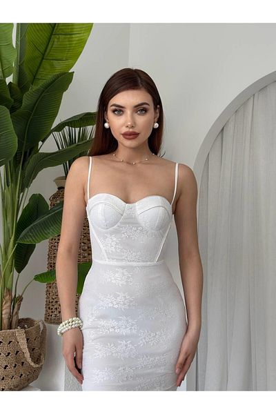 Julidress Μίντι Μακρύ Δαντελένιο Φόρεμα με Στράπλες Λαιμόκοψη