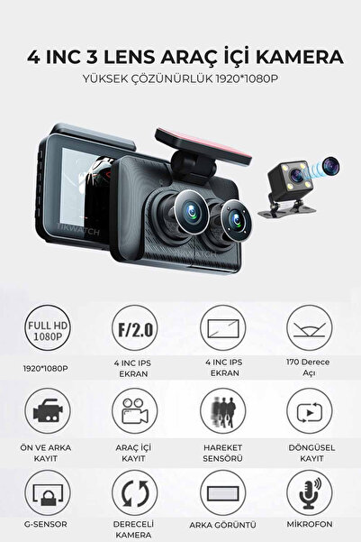 TİKWATCH Araç Içi Video Kaydedici 3 Kameralı 4 Inch Araç Içi Kamera 1080p/gec...