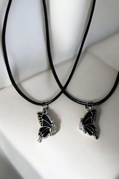 MakeWell Mıknatıslı Pembe Siyah ve Beyaz Kelebekli Mıknatıslı Kolye 2li Arkadaşlık Kolyesi