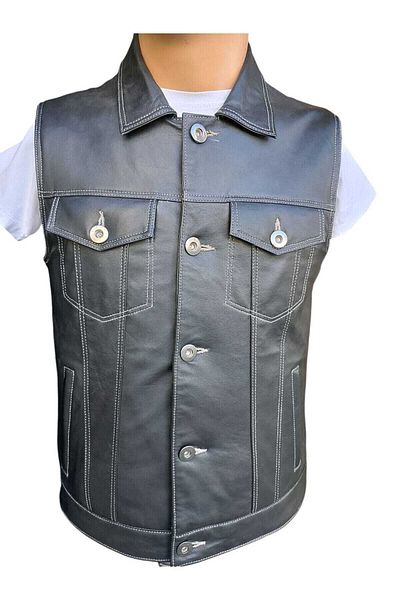 Savran Deri Genuine Leather Men's Biker Black Vest