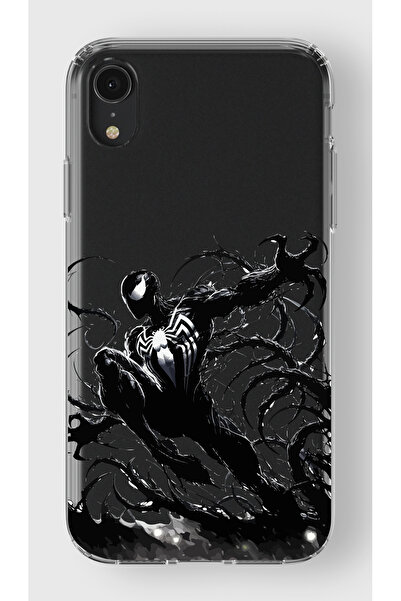 moonset Iphone XR Uyumlu Siyah Örümcek Tasarımlı Baskılı Şeffaf Telefon Kılıfı