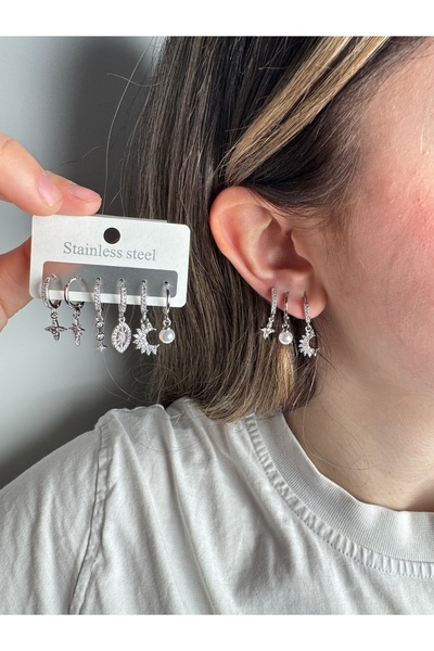 zarifje Çelik 6'lı Küpe Seti | Yıldız, Ay, İnci Detaylı Trend Küpeler